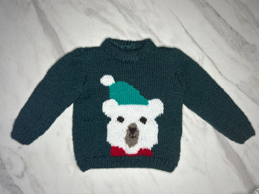pull bébé tricoté main ours noel vert 
